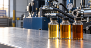 Three glass bottles of hydraulic oil in varying amber shades on a steel surface, with machinery in the background.