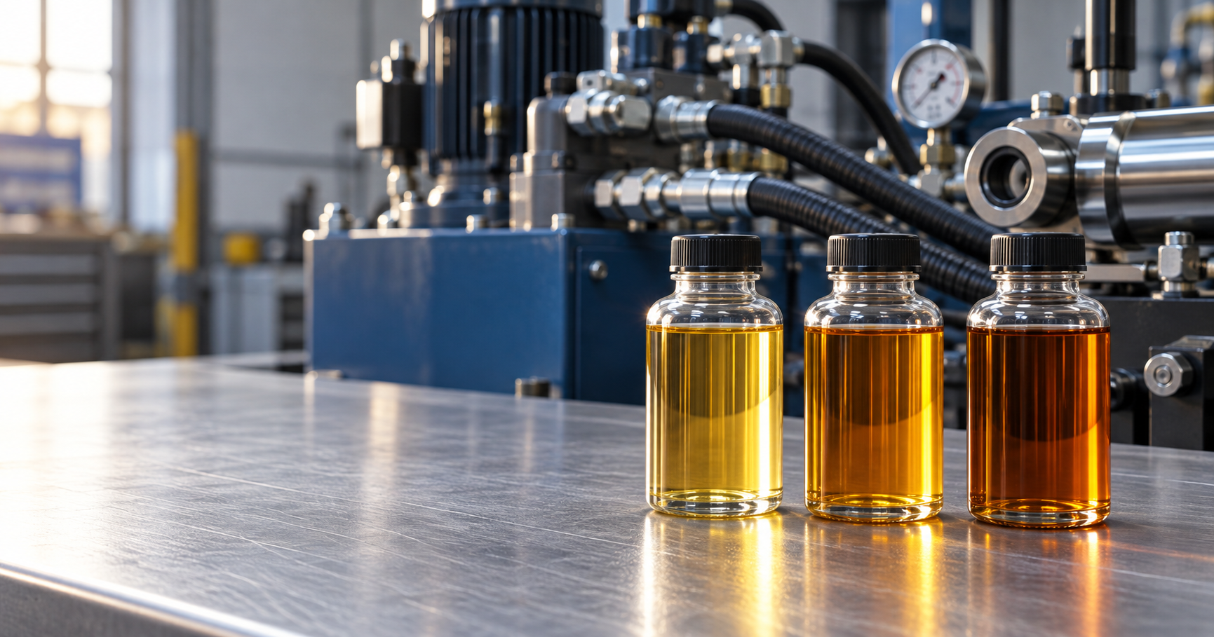 Three glass sample bottles of hydraulic oil in different shades of amber on a steel workbench, with industrial hydraulic machinery in the background